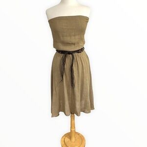 NWT‎ Fashionista Khaki Strapless Flared Dress Linen Blend Macrame Belt